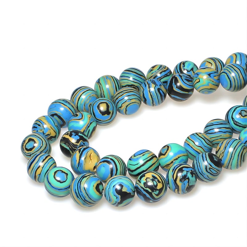 MJDCB Synthesis Colour Malachite Beads Beautiful Fashion Round Stone Beads for DIY Jewelry Making 15" (10mm, Blue- Gold - Black) - Image 3